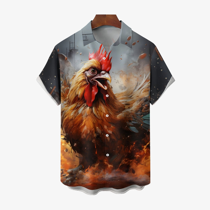 Rooster Print Casual Short Sleeve Shirt 2405001041