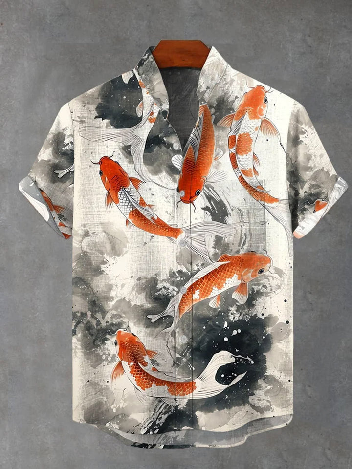 Men's Traditional Ink Koi Print Short Sleeve Shirt