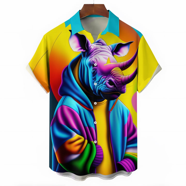 Men's Fashion Rhino Animal Short Sleeve Hawaiian Shirt 2306101370