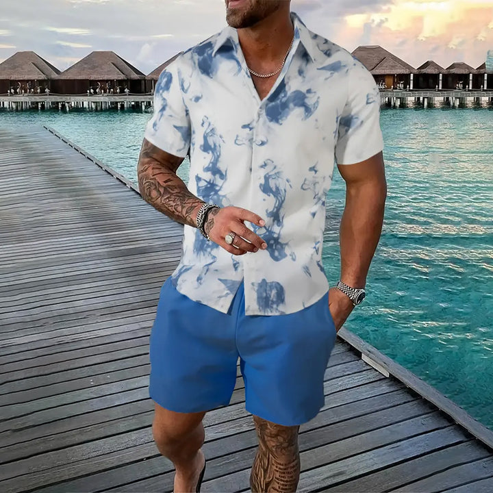 Men's Smokey Pattern Hawaiian Shirt & Drawstring Shorts Outfit Set