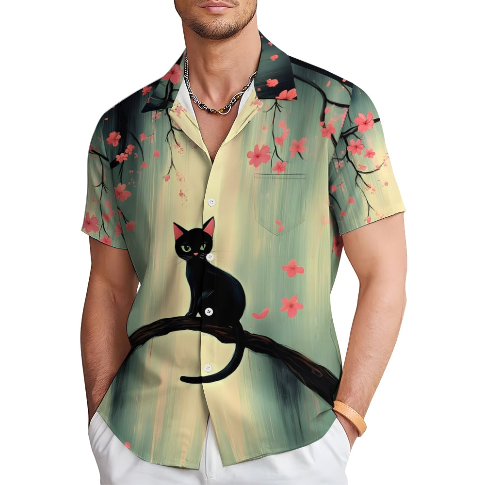 Cat Print Under The Cherry Blossom Tree Casual Shirt 2412008953