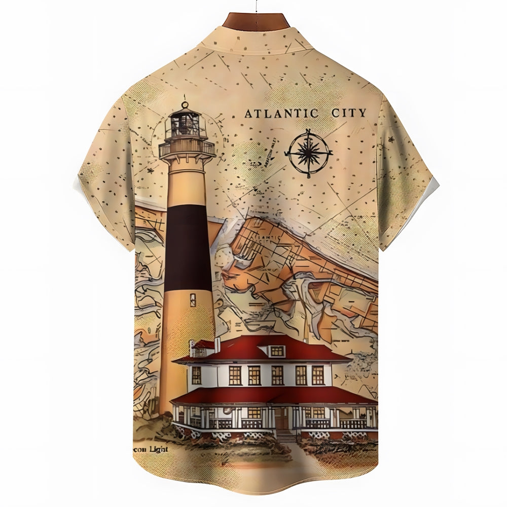 Nautical Lighthouse Print Chest Pocket Short Sleeve Shirt 2411005869