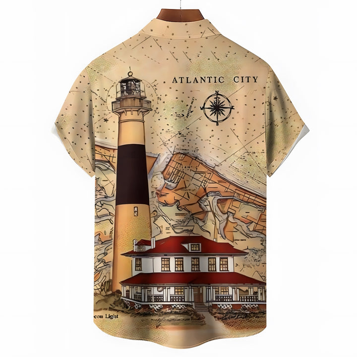 Nautical Lighthouse Print Chest Pocket Short Sleeve Shirt 2411005869