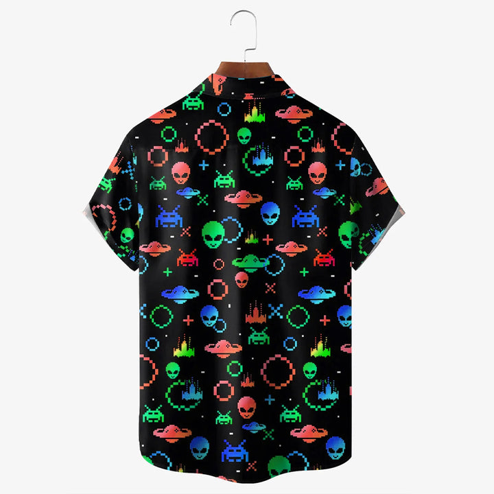 Retro Alien Cartoon Game 3D Digital Print Men's Button Pocket Short Sleeve Shirt