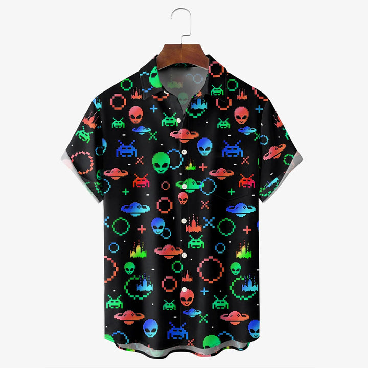 Retro Alien Cartoon Game 3D Digital Print Men's Button Pocket Short Sleeve Shirt