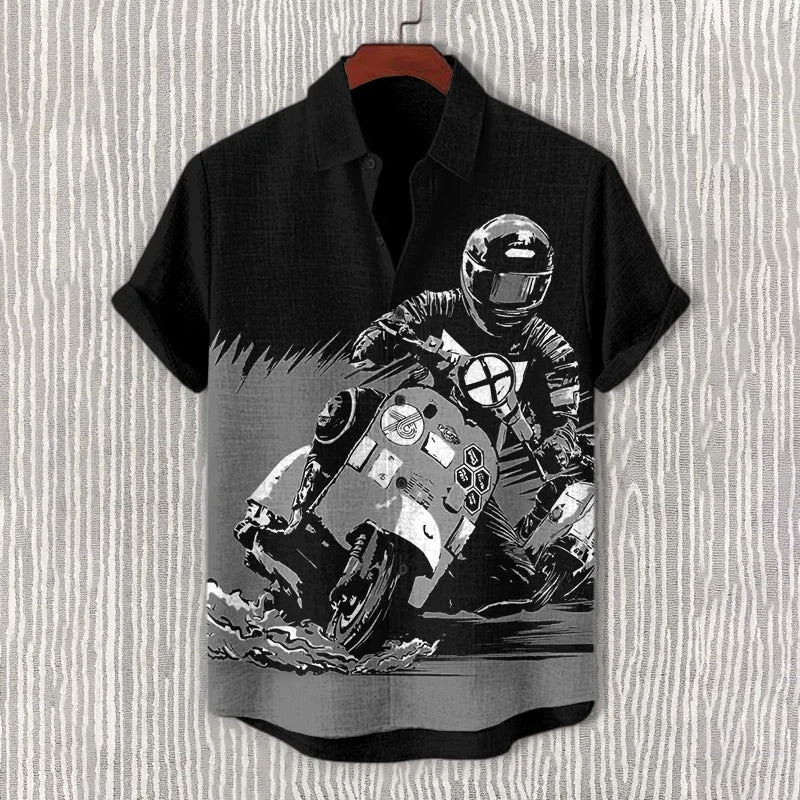 Men's Retro Motorcycle Race Art Print Casual Shirt