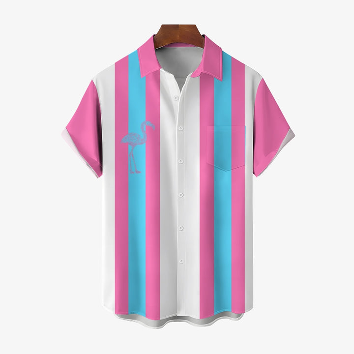 Flamingo Stripe Print Casual Bowling Shirt 2410005839