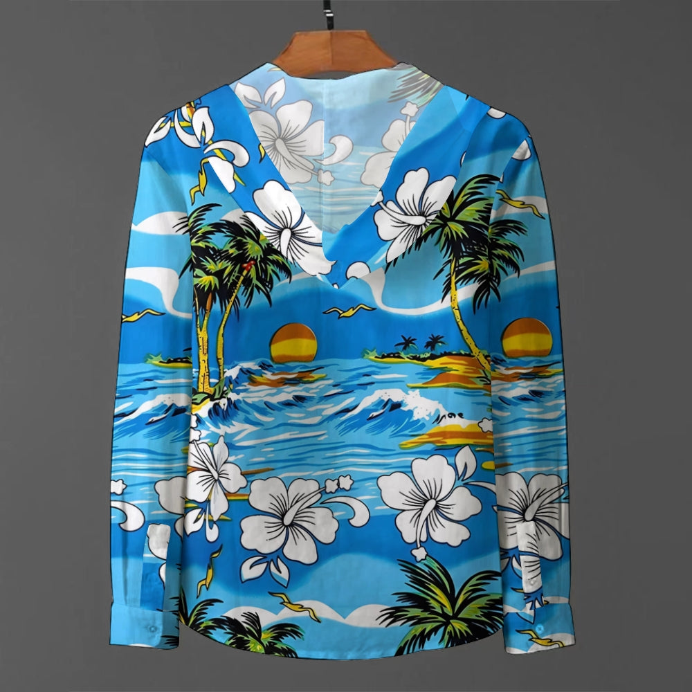 Hawaiian Coconut Tree Print Hooded Half-Sleeve Shirt 2408002119