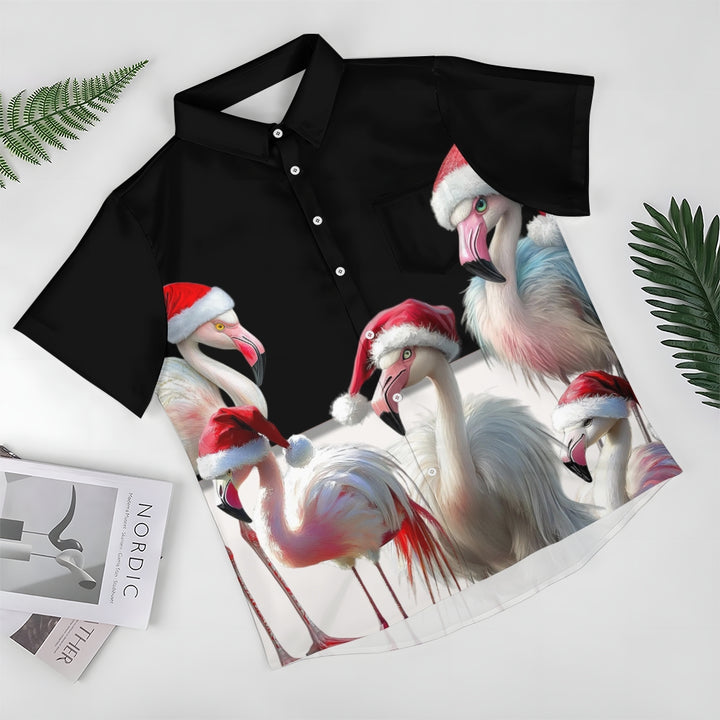 Christmas Flamingo Print Casual Short Sleeve Shirt 2411008517