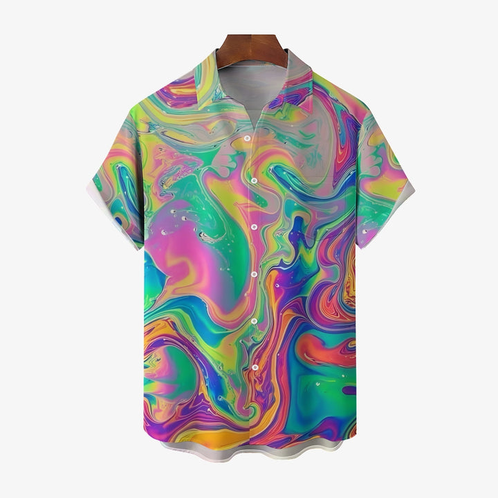 Colorful Fluid Art Print Casual Short Sleeve Shirt 2404001899