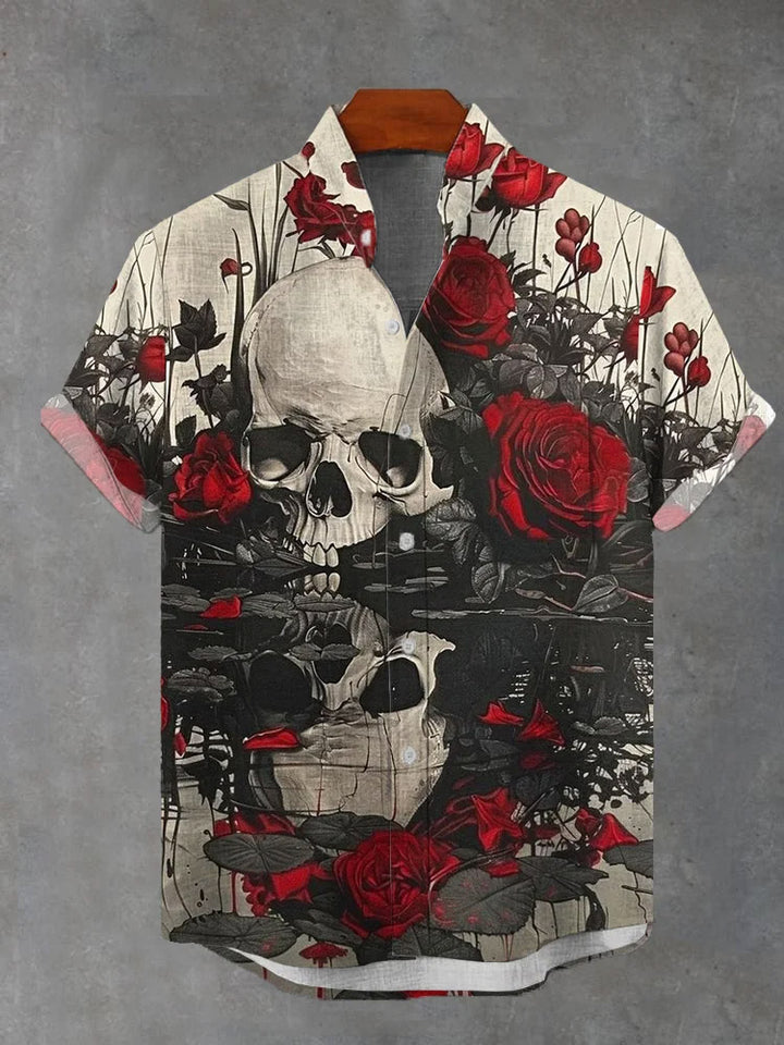 Vintage Rose Skull Print Short Sleeve Shirt