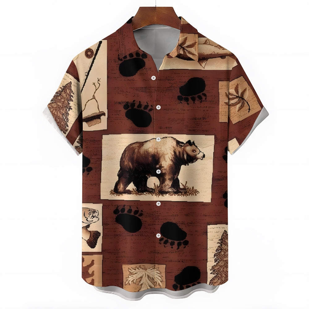 Brown Bear Paw Print Chest Pocket Short Sleeve Shirt 2411001997