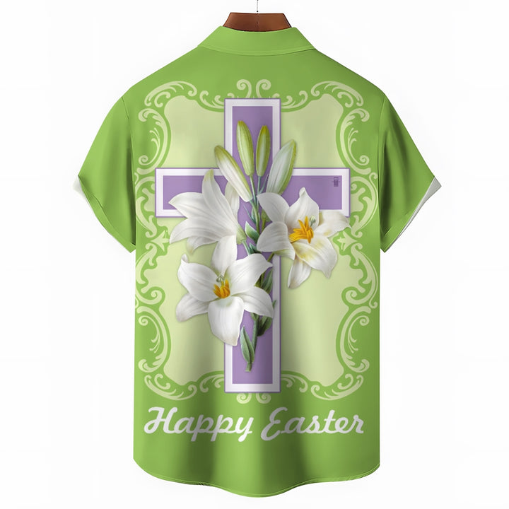 Happy Easter Cross Print Casual Short Sleeve Shirt 2412010174