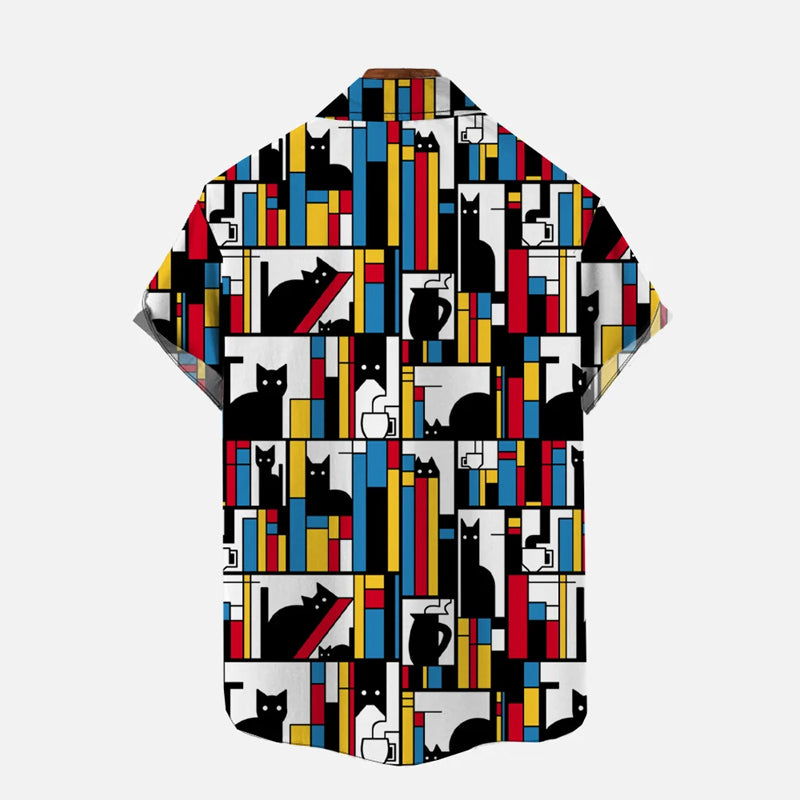 Retro Geometric Color Block Art Black Cat Pattern Printing Short Sleeve Shirt