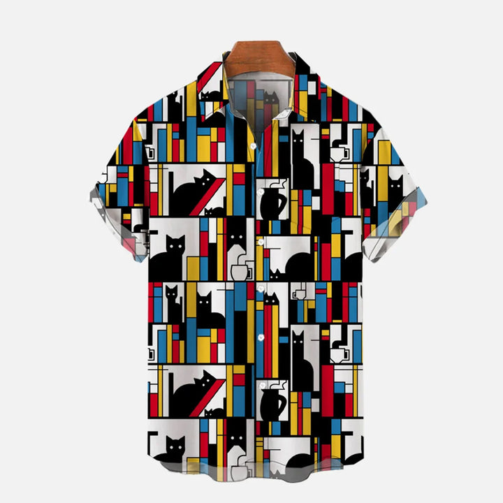 Retro Geometric Color Block Art Black Cat Pattern Printing Short Sleeve Shirt