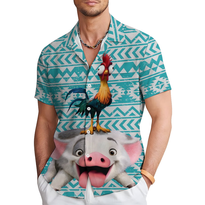 Men's Cartoon Rooster Riding A Pig Print Short Sleeve Shirt 2410002351