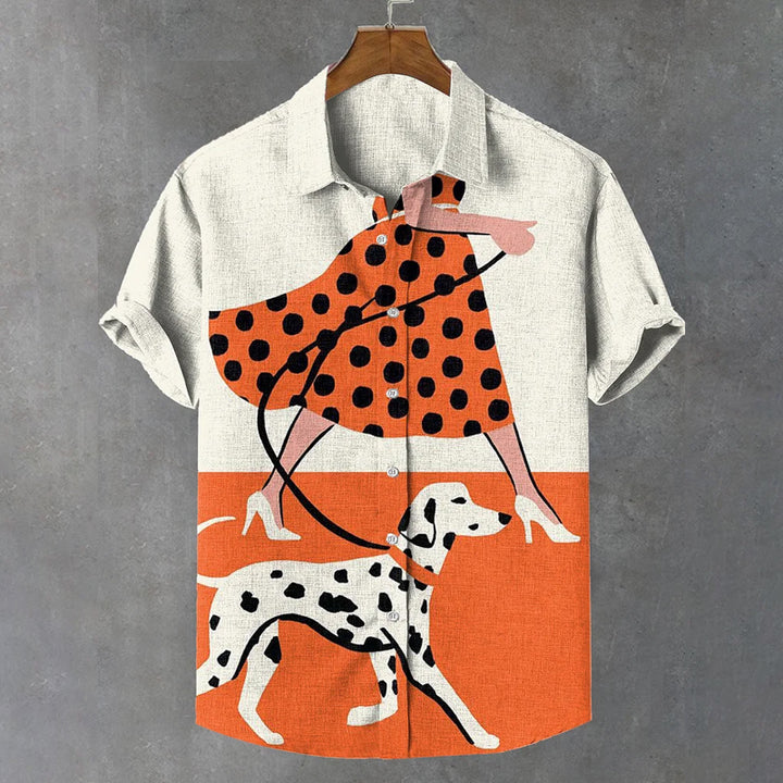 Men's Fun Pop Art Dalmatian Dog Walk Print Linen Blend Shirt 2409004954