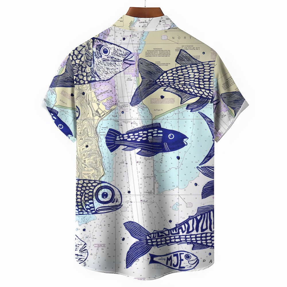 Map Fish Print Linen Short-Sleeved Shirt 2409009637