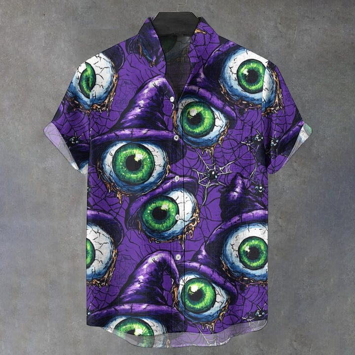 Scary Wizard Eyes Spider Web Print Casual Short Sleeve Shirt 2410001399