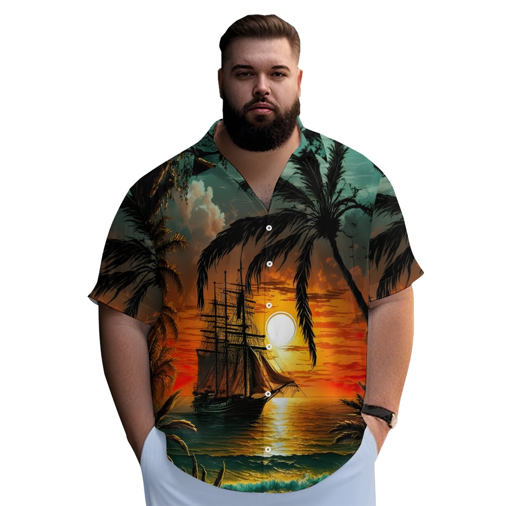 Men's Hawaiian Coconut Tree And Sailboat Print Casual Short Sleeve Shirt 2404001928