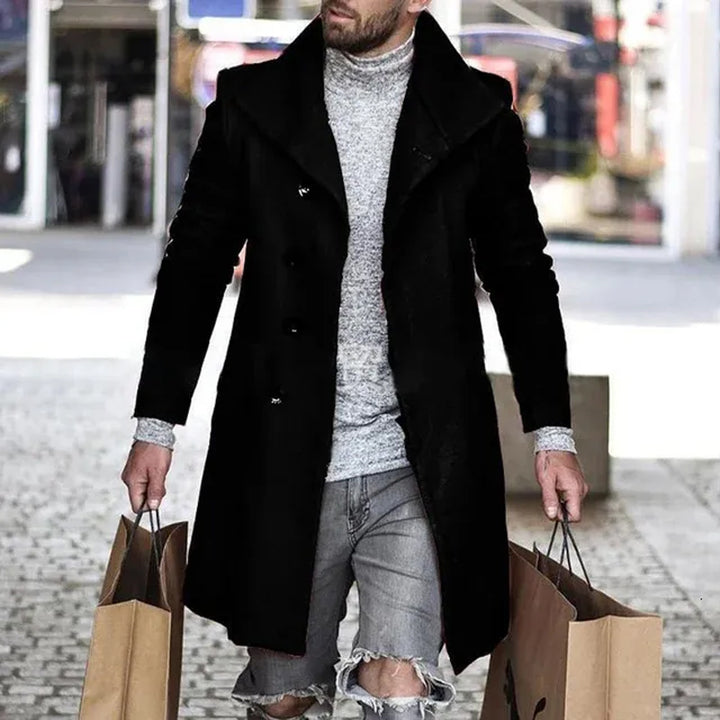 Men's solid color casual long woolen coat