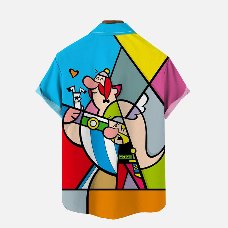 Abstract Color Block Splicing Comic Characters Printing Short Sleeve Shirt