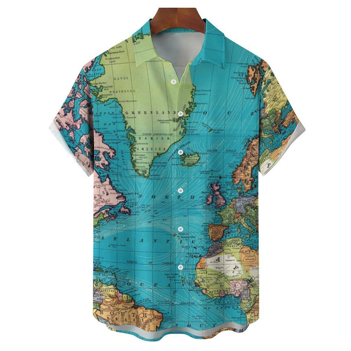 Men's World Map Breathable Casual Fashion Chest Pocket Short Sleeve Shirt 2307101611