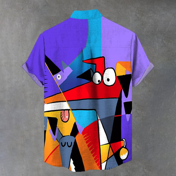 Abstract Color Block Stitching Cartoon Dogs Printing Short Sleeve Shirt