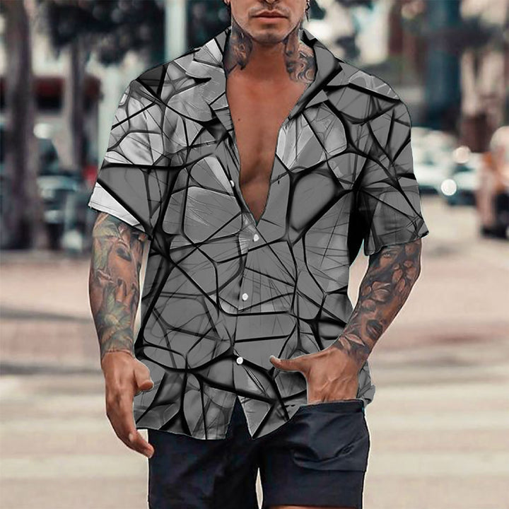 Men's Novelty 3D Geometric Pattern Print Short Sleeve Lapel Shirt