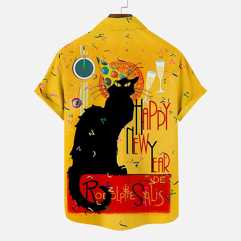 Men's Happy Christmas and New Year Black Cat Print Shirt