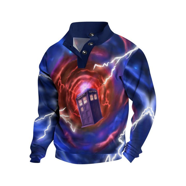 Men's Button Police Box Cartoon Lightning Print Casual Long Sleeve Sweatshirt 2410007396