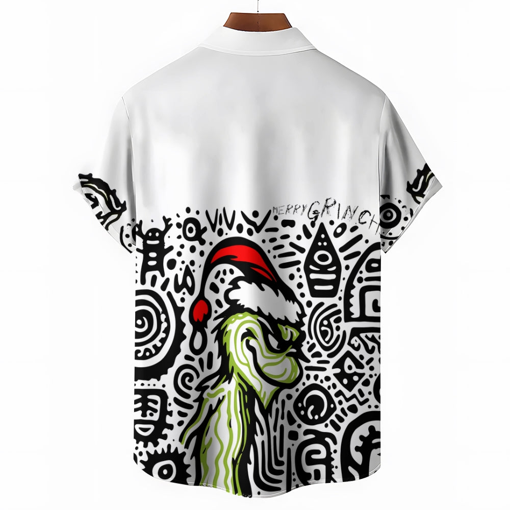 Cartoon Line Christmas Green Monster Casual Short Sleeve Shirt 2409007983