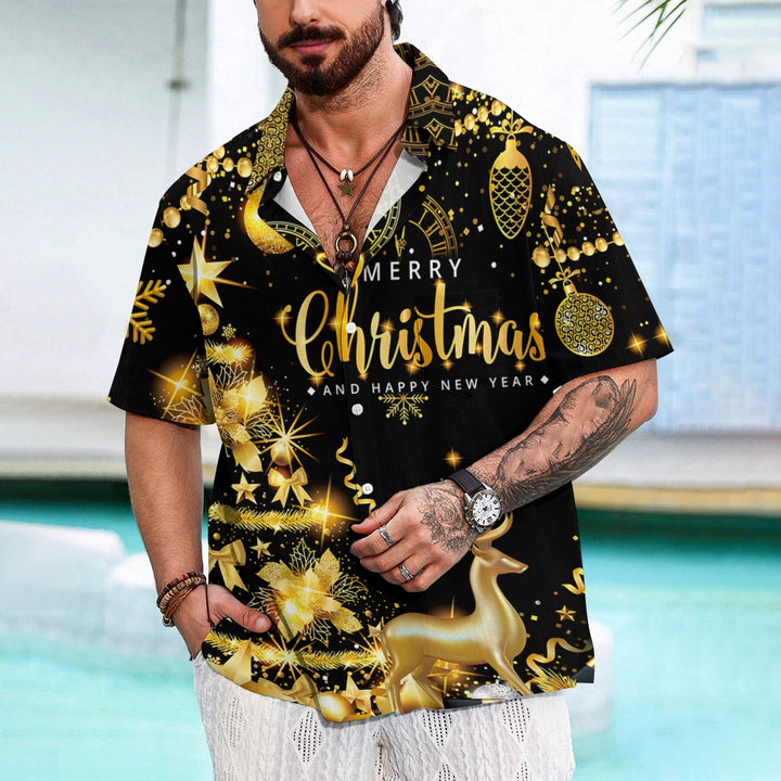 Merry Christmas Gold Glittering Elk Short Sleeve Shirt 2409004956