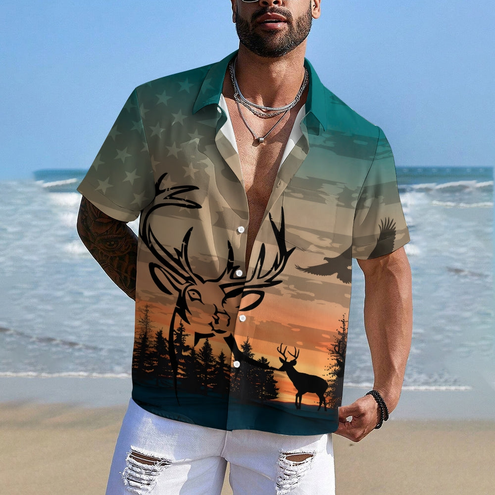 Hunting Deer Print Casual Short Sleeve Shirt 2412003735