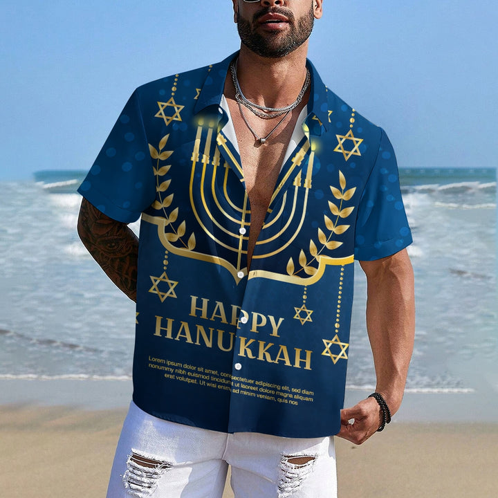 Happy Hanukkah Candle Print Short Sleeve Shirt 2411011956