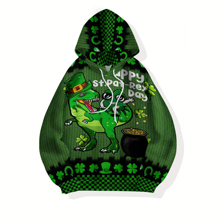 Plue Size Happy St. Patrick's Day Dinosaur Printed Hoodies 2411009041