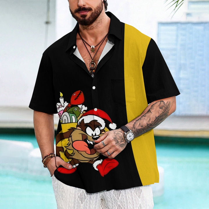 Cartoon Character Christmas Gift Print Chest Pocket Short Sleeve Shirt 2410007970