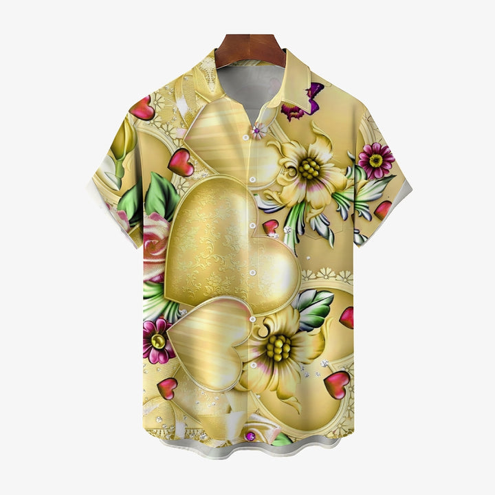 Valentine's Day Yellow Love Heart Flower Print Short Sleeve Shirt 2412008945