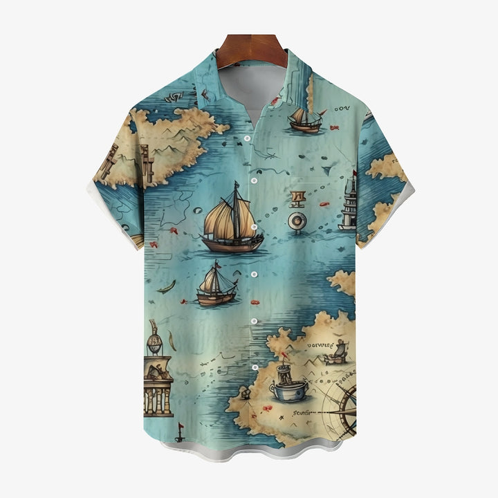 Nautical Sailboat Print Chest Pocket Short Sleeve Shirt 2411006006