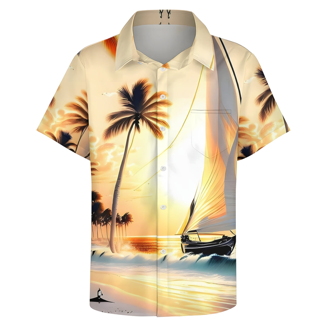 Beach Scenery Sailing Print Casual Short Sleeve Shirt 2404000185