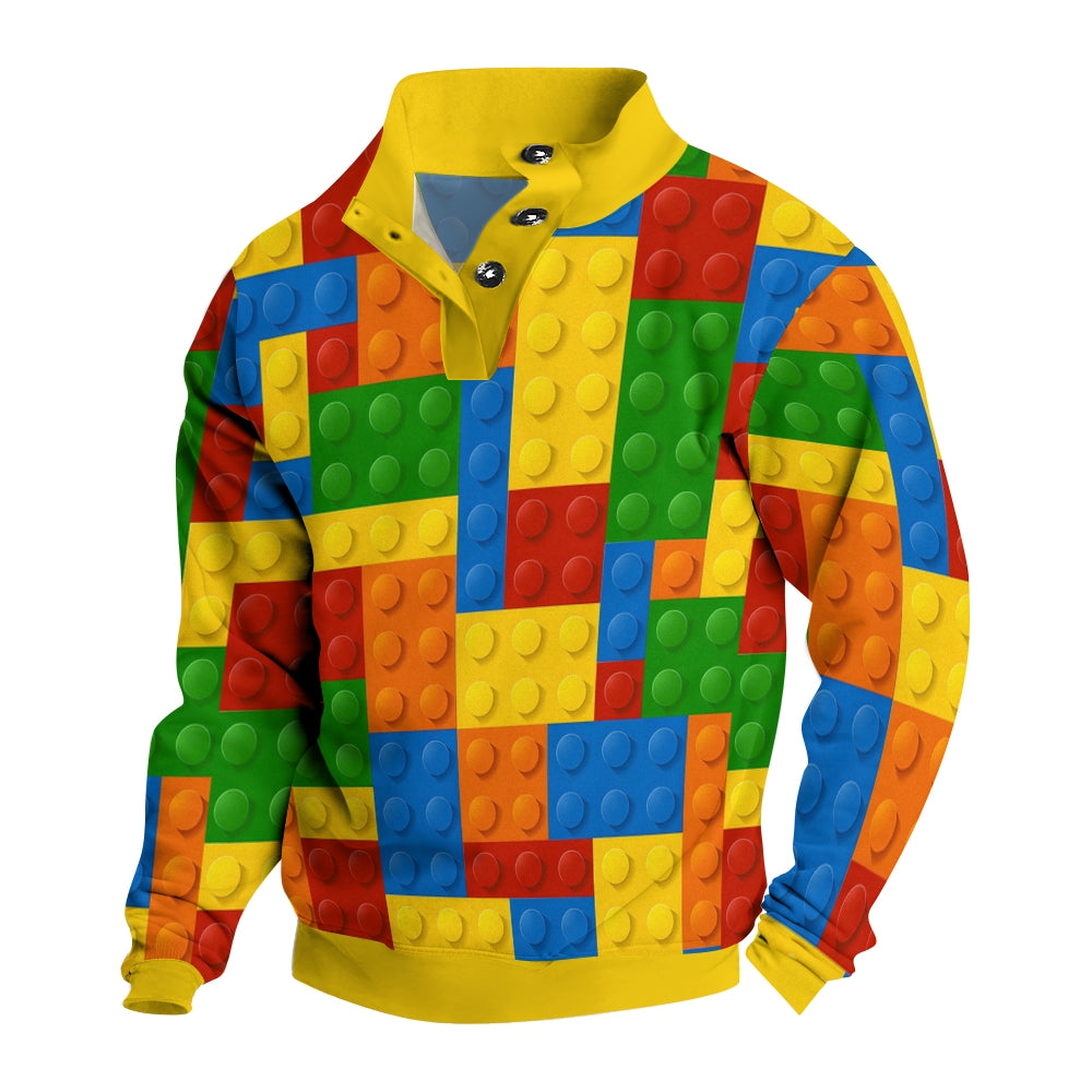 Men's Button Colored Building Blocks Casual Long Sleeve Sweatshirt 2410006864