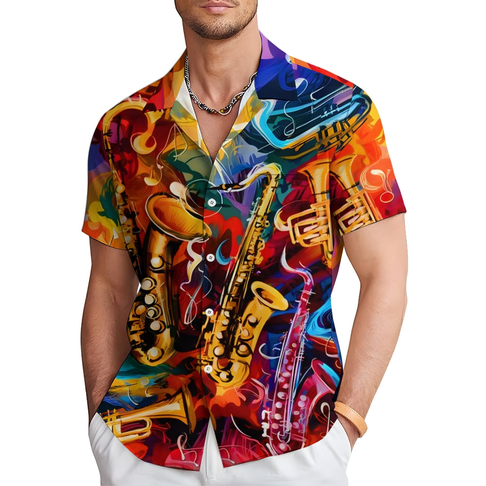 Men's Music Saxophone Print Casual Short Sleeve Shirt 2412007593