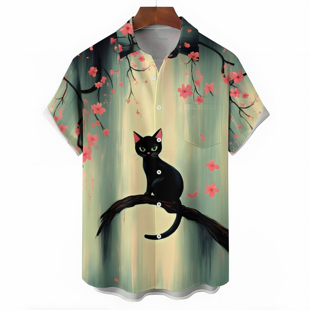 Cat Print Under The Cherry Blossom Tree Casual Shirt 2412008953