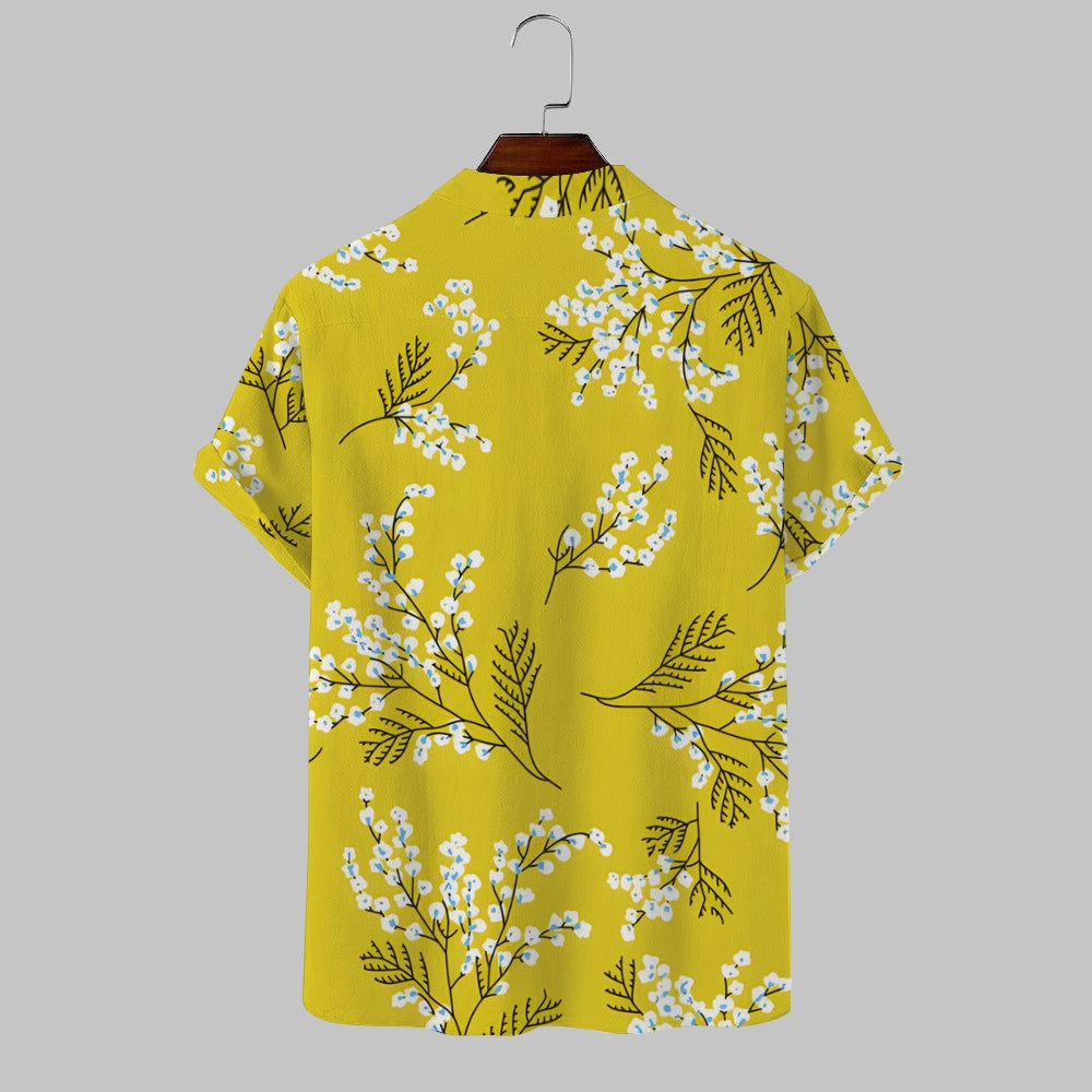 Casual Yellow Printed Stand-Up Collar Short-Sleeved Shirt 2408007146