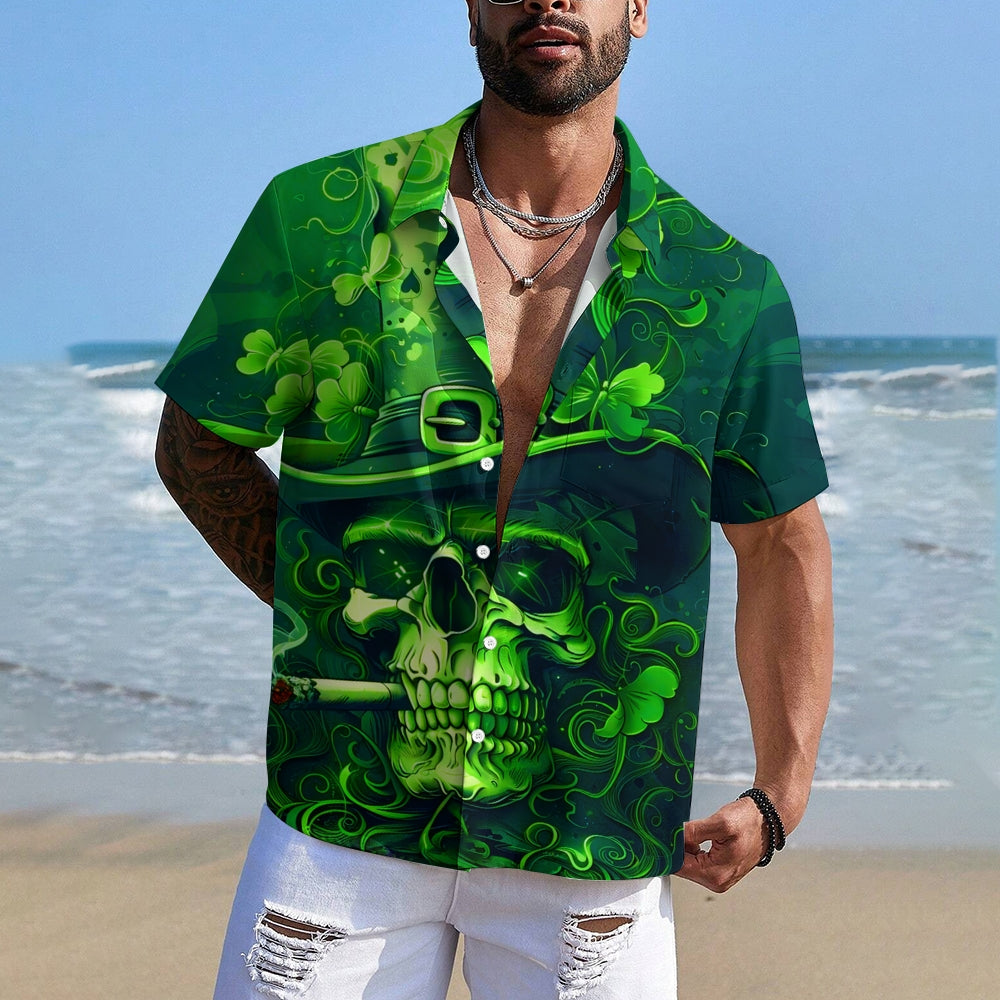 Men's St. Patrick's Day Smoking Skull Print Short Sleeve Shirt 2412008574