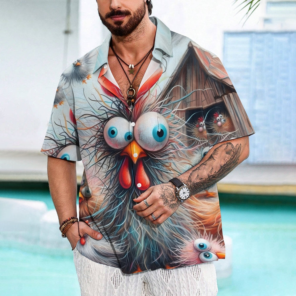 Scribbled Funny Chicken Casual Large Size Short Sleeve Shirt 2407001424