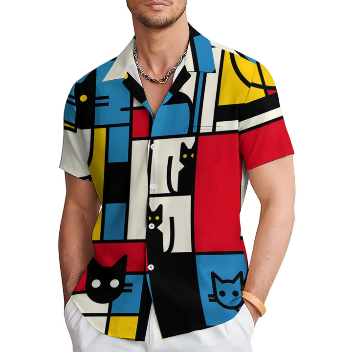 Geometric Cat Color Block Casual Short Sleeve Shirt 2409002486