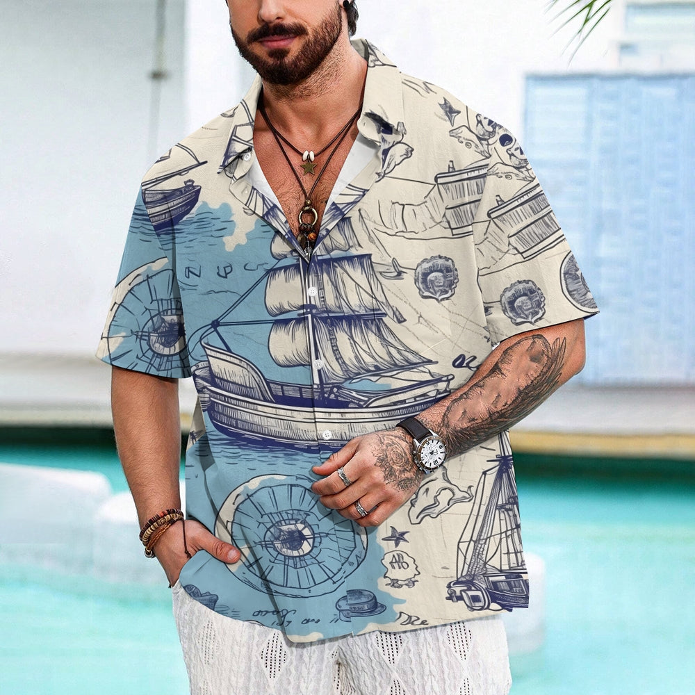 Nautical Sailboat Print Chest Pocket Short Sleeve Shirt 2411006014