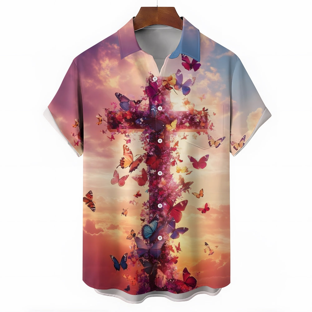 Easter Cross Butterfly Print Short Sleeve Shirt 2412009497