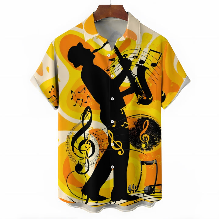 Men's Musical Saxophone Silhouette Print Short Sleeve Shirt 2412007610